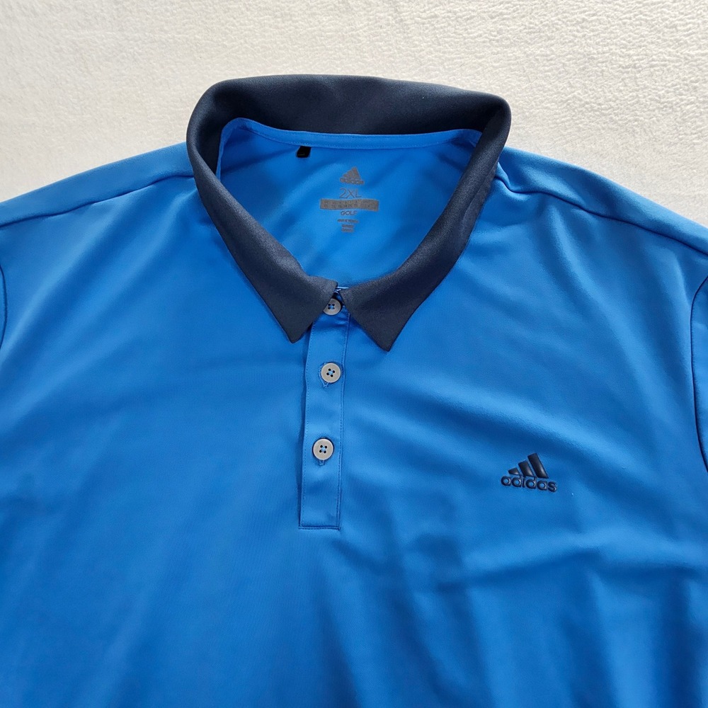 Adidas Golf Mens 2XL Blue Short Sleeve Performance Polo Shirt Navy Collar Logo